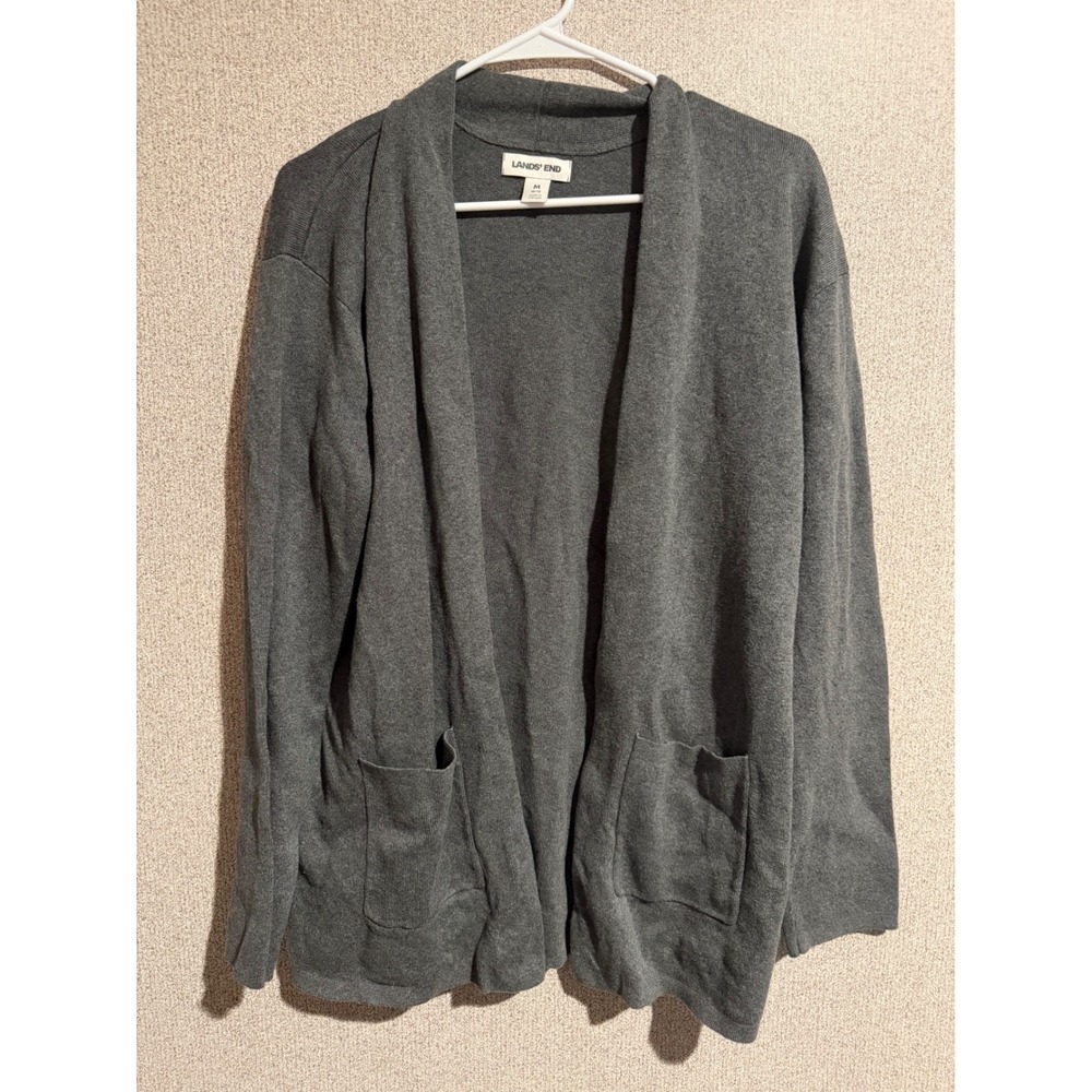 Lands End Womens Medium Gray 100% Cotton Open Front Pocket Cardigan Sweater